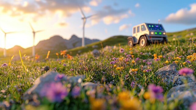 Small autonomous robot collecting real-time biodiversity data amidst wildflowers and wind turbines - Powered by Adobe