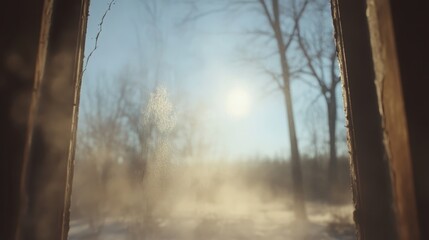 Dust settling on a dry cracked windowpane obscuring the view of trees under bright sunlight in a winter landscape