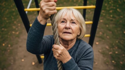 Obraz premium Senior woman determinedly climbs rope on outdoor fitness equipment