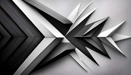 black and white abstract geometric shapes on a textured white and gray background forming an arrow like pattern with sharp angles and a modern feel
