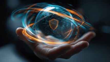 A digital globe is held in a hand, surrounded by glowing, swirling lines, symbolizing technology, security, and global connectivity.