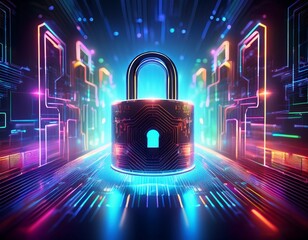 a digital padlock glowing with vibrant neon colors over a futuristic backdrop
