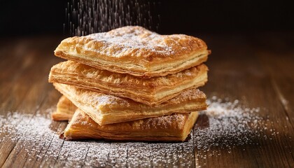 close up of a stack of golden flaky puff pastry layers dusted with powdered sugar on a rustic surface