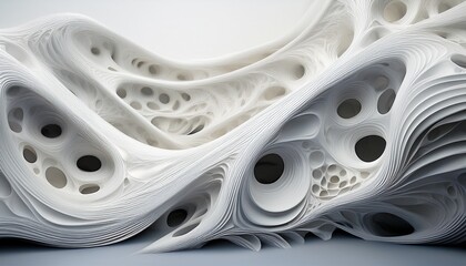 smooth white abstract surface with flowing organic holes and curves creating a soft dynamic and intricate layered texture