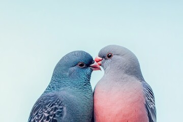 romantic card two birds are close together, facing each other in natural setting with soft light background during day. They show signs of interaction and connection