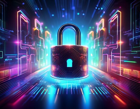 a digital padlock glowing with vibrant neon colors over a futuristic backdrop - Powered by Adobe