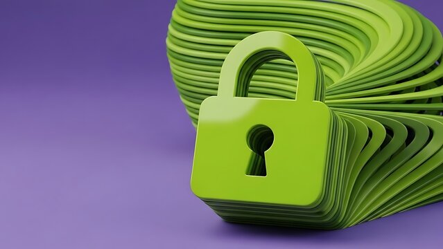 Green padlock icon layered with abstract green swirls on a purple background - Powered by Adobe