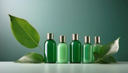 elegant green themed bottles with leaves on minimalist background