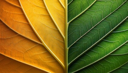 leafrs transformation a vivid close up showcases a single leaf bisected showcasing a striking color contrast one side emerald green and the other a vibrant yellow