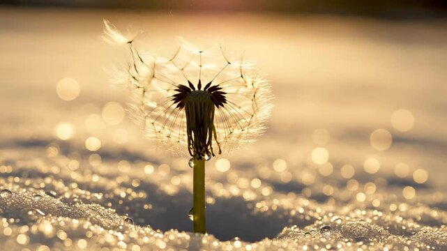 A fragile dandelion seed head stands tall amid sparkling golden frost, intensely backlit, symbolizing the quiet, hopeful transition from winter's cold grip towards the eventual arrival of spring.