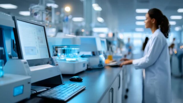 State of the art laboratory environment featuring cutting edge technology and a professional scientist at work. Innovative workspace dedicated to scientific research and healthcare advancements