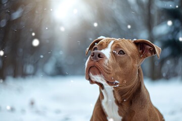 portrait Pitbull dog sits quietly in a snowy forest scene. Snowflakes gently fall around the dog as it looks up into sky. Trees stand in background under a gray sky