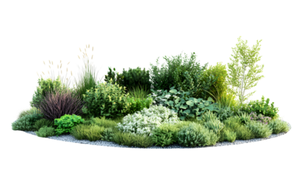 Lush greenery garden with diverse plants and shrubs isolated on white background