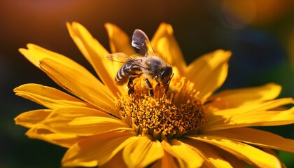 honey bee on yellow flower gathering pollen in the garden