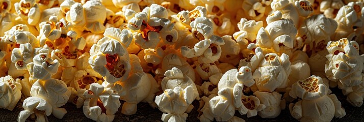 top view popcorn is seen scattered on flat surface. light creates shadows and highlights texture of popcorn. scene captures moment during a movie night