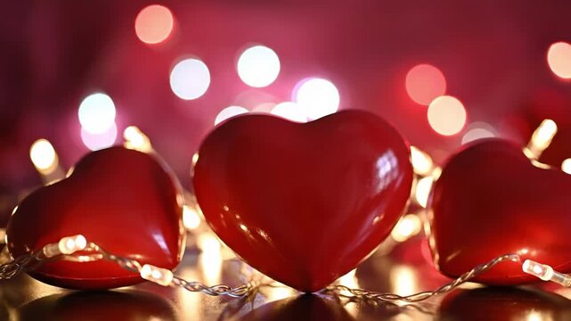Three red hearts with string lights on reflective surface with bokeh background