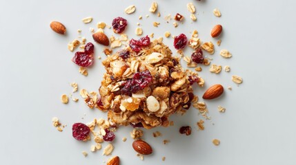 Healthy snack made with oats, nuts, and dried fruits on a gray surface