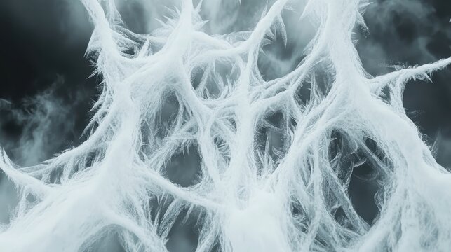 Intricate icy tendrils and frost formations spreading across a frozen natural surface in a close up abstract view