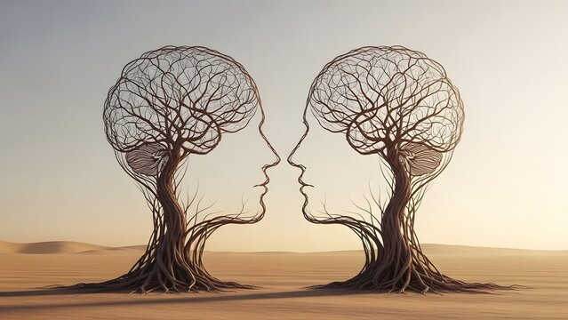 Brain tree silhouettes of two human faces. Mental health and psychological connection. Two trees shaped like heads facing each other in a desert landscape
