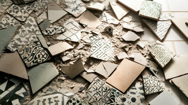 Intricately patterned ceramic tile fragments scattered on dusty ground