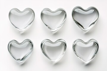 Six glass heart shapes are placed in two rows on a smooth white surface. They can be used for decoration or as gifts. Each heart has a clear design and smooth edges