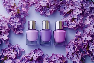 Top view three bottles of purple nail polish are arranged in center, surrounded by lilac flowers on light surface. setting suggests spring theme