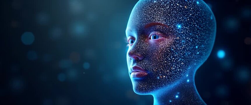 Futuristic digital avatar with glowing particles moves gracefully as the camera slow pans, creating a cinematic ambiance with ambient lights flickering in the background.