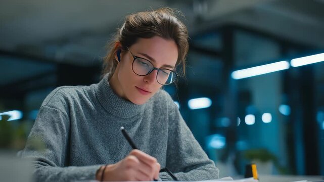 A dedicated female student or professional works late, taking handwritten notes in a stylish, well lit office. The scene highlights determination, productivity, and modern work culture