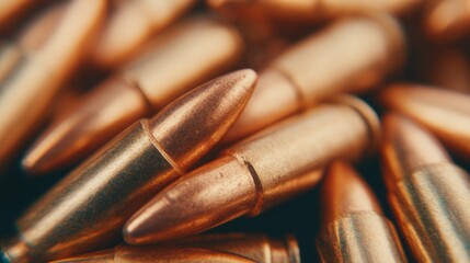 Close view of bronze bullets stacked together in a pile on a dark surface