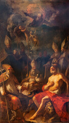 Fototapeta premium SALZBURG, AUSTRIA - SEPTEMBER 6, 2025: The painting of St. Gregory, Martin, Jerome and other saints with the God the Father in the Cathedral probably by Johann Heinrich Schönfeld (1669)