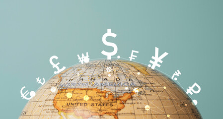Global currency exchange concept on world map with currency symbols includes dollar Yuan Yen Euro and Pound sterling for international finance of foreign exchange market and digital money transfer.