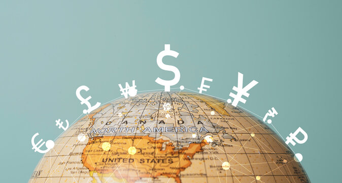 Global currency exchange concept on world map with currency symbols includes dollar Yuan Yen Euro and Pound sterling for international finance of foreign exchange market and digital money transfer. - Powered by Adobe