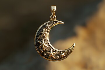 golden crescent moon pendant with star designs is placed on a wooden surface. light reflects off pendant, highlighting its unique details and shape