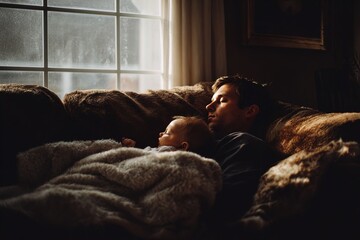 father and his child are sleeping on couch covered with blanket. Soft morning light comes through window, creating warm atmosphere in living room