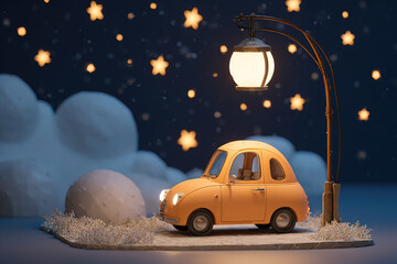 Colorful cartoon artwork stylized car parked under bright lamp post at night, framed by sparkling stars and gentle diffused shadows, ideal for children's designs and storybook themes