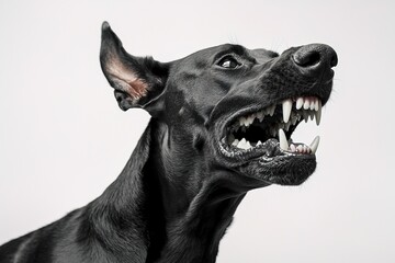 black dog with sharp teeth is facing camera with open mouth. background is white, highlighting dog's expression. setting is indoors, likely studio