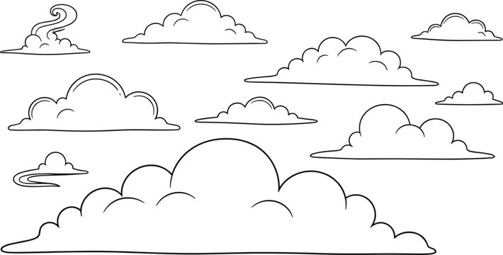 Cute cloud illustration vector set featuring various fluffy sky shapes in simple hand-drawn outline style for weather designs