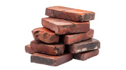 Stack of weathered red bricks isolated on white background