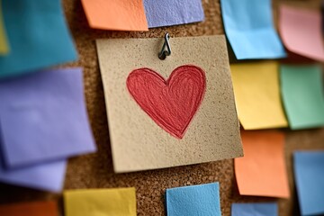 corkboard displays red heart drawing in center, surrounded by colorful sticky notes. notes have different colors and are pinned on board in workspace