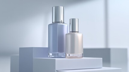 Elegant cosmetic bottles on minimalist white staging for beauty products display and branding