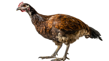 Stunning brown chicken standing isolated on white background