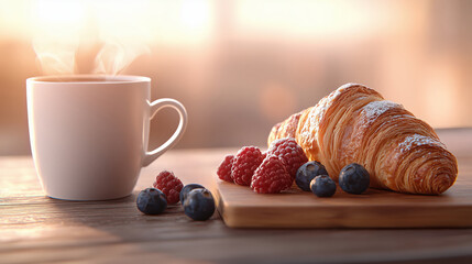 Freshly Baked Croissant with Berries and Coffee Against a Warm Sunrise Background