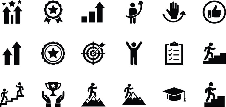 Business success and personal growth icon set featuring career progress mountain climbing trophies and achievement symbols for motivation.