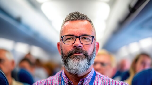 Man with beard sits in airplane cabin surrounded by other passengers