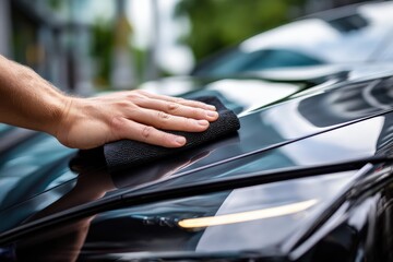 A hand is polishing a shiny black car hood with a cloth, showcasing meticulous attention to detail and car care.