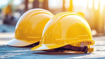 Two bright yellow construction safety helmets sit ready on a surface with sunlight casting shadows