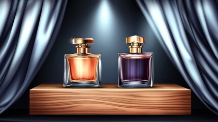Two Luxury Perfume Bottles on a Stained Oak Shelf