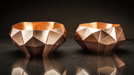 Two polished copper geometric bowls with abstract art deco elements displayed on a dark reflective surface