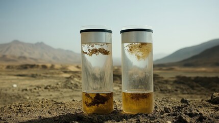 Two transparent water purification containers filled with sediment sit outdoors on dry ground with mountains in the background