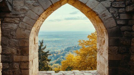 Fototapeta premium Weathered stone archway framing a vista of distant harmonious landscape with trees and sky